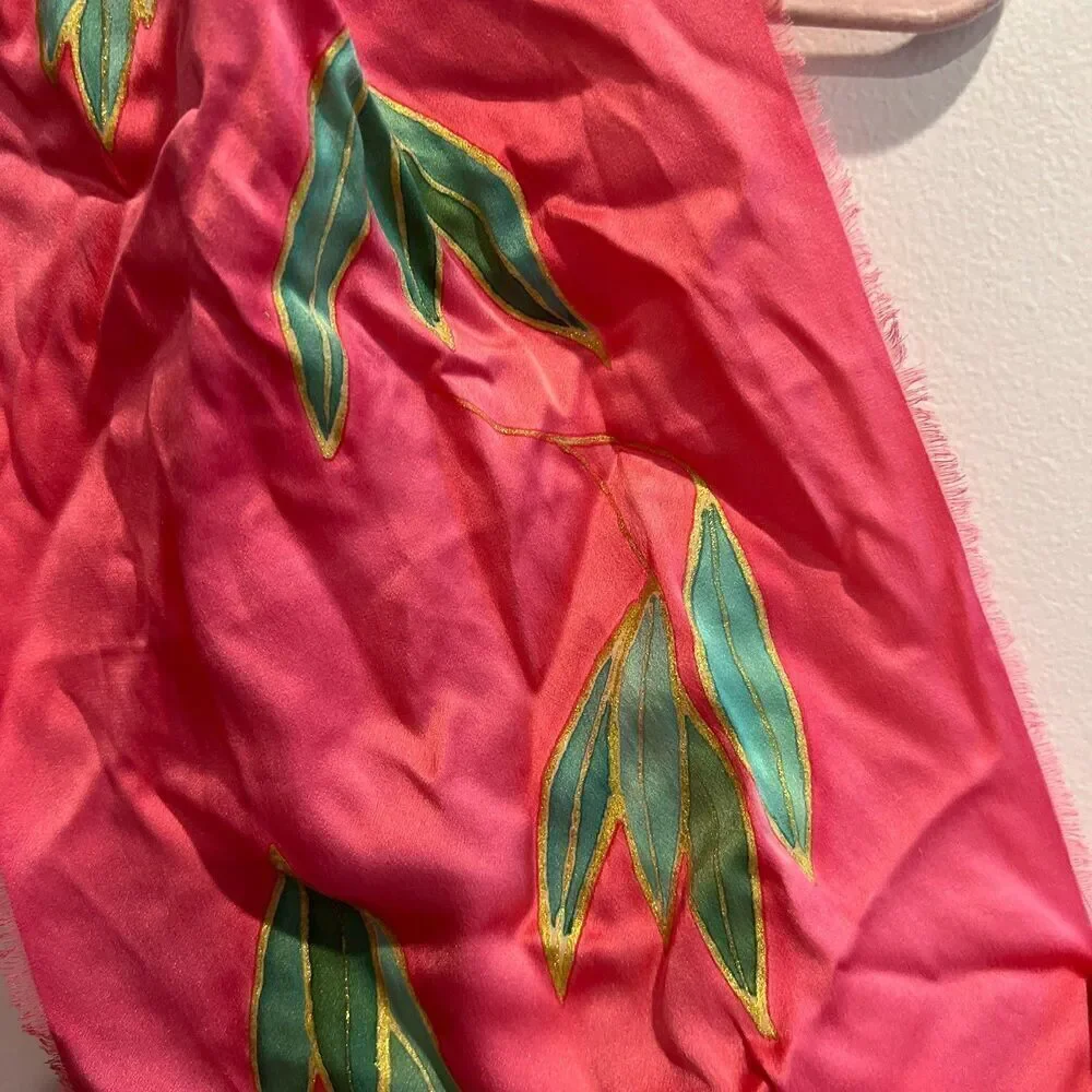 M.S. Compere Womens Pink Rectangle Scarf Small Silk Floral Day Butterfly Center